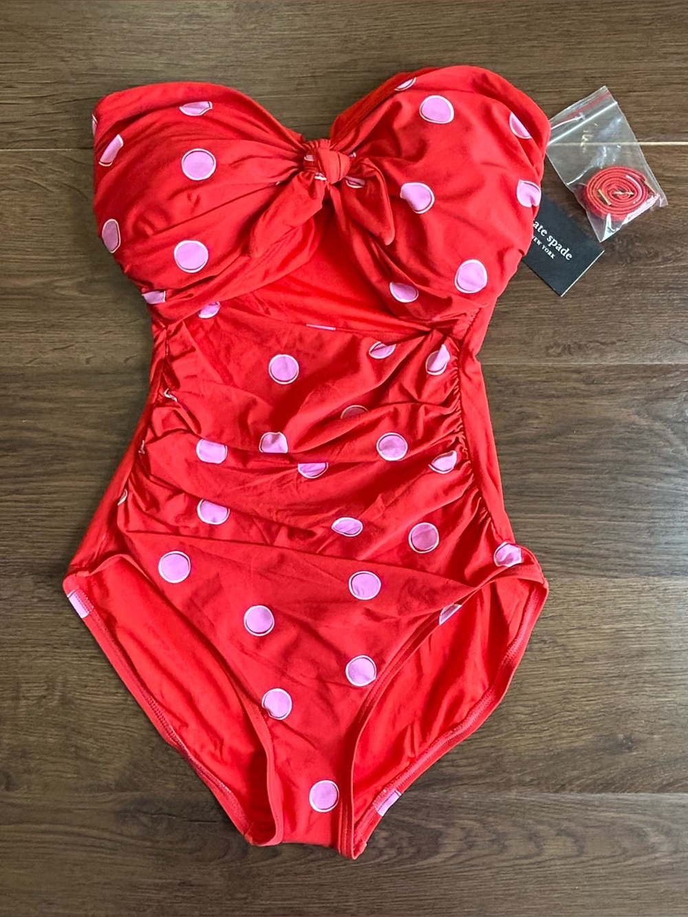 Kate Spade Goji Berry Bandeau Tie Front One Piece Swimsuit Downtown Dot Small